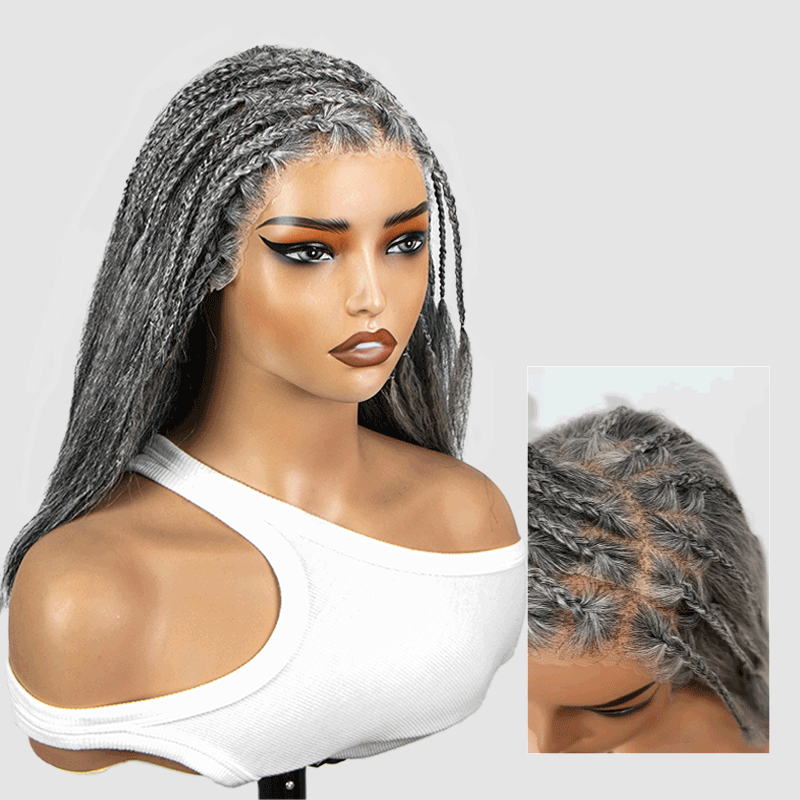 Soul Lady Wigs Salt and pepper 13x4 lace front boho braided straight wig by Soul Lady, featuring hand-braided roots, natural gray tones, and realistic scalp appearance.