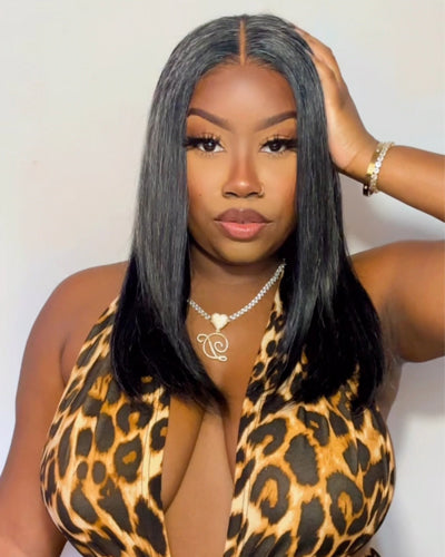 Soul Lady dark salt and pepper straight full frontal 13x4 HD lace wig showcases a natural blend of dark gray and black tones. The HD lace front creates a seamless, realistic hairline for an elegant and sophisticated look.