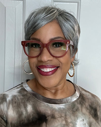 Soul Lady Wigs| Salt and pepper short pixie cut wig with retro flip ends, featuring a soft gray blend and polished vintage-inspired style.