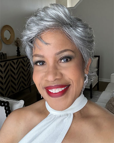 Soul Lady Wigs| Salt and pepper short pixie cut wig with retro flip ends from Soul Lady Wigs, showcasing a chic, youthful, and natural look.