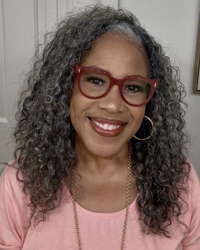 Soul Lady Wigs medium salt and pepper afro curly human hair half wig, featuring natural gray-black tones and full curly texture.