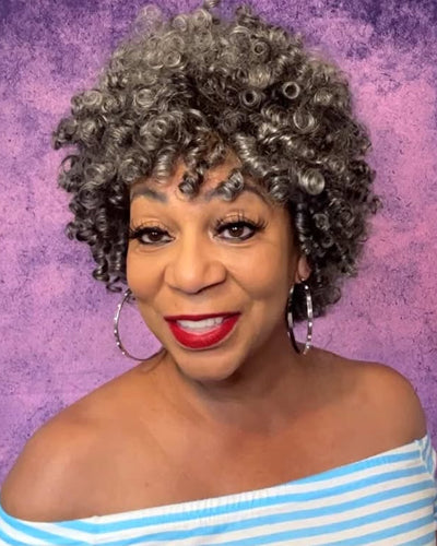 Soul Lady Wigs salt and pepper spiral curly wig, showing natural gray-white blend and defined spiral curls.