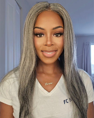 Soul Lady Wigs salt and pepper straight full frontal lace wig, showing natural gray-white blend and sleek straight style.