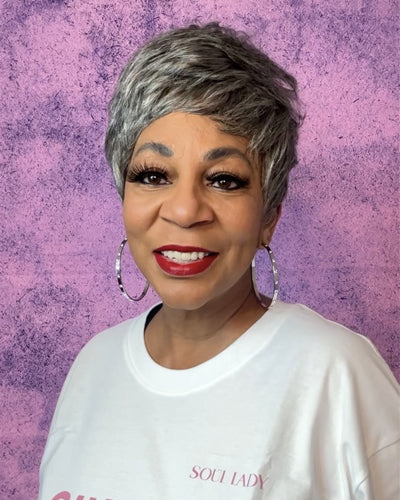 Soul Lady Wigs salt and pepper straight pixie cut wig, showing natural gray-white blend and sleek layered style.