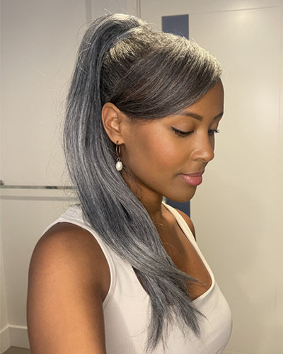 Soul Lady salt and pepper straight ponytail hairstyle, showcasing timeless elegance and natural beauty.