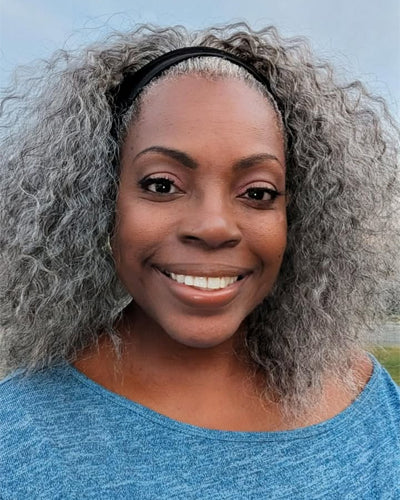 Soul Lady Wigs salt and pepper water wave human hair headband wig, showing natural gray-white blend and soft wavy texture.