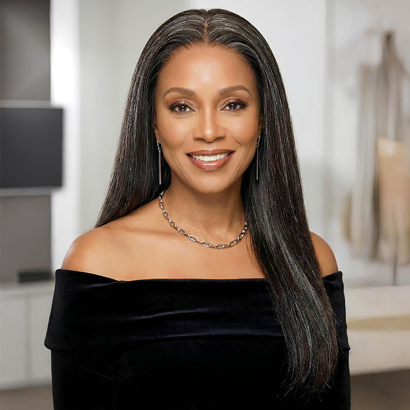 Dark brown mixed gray straight human hair lace wig from Soul Lady Wigs, showcasing a natural hairline and sleek style.