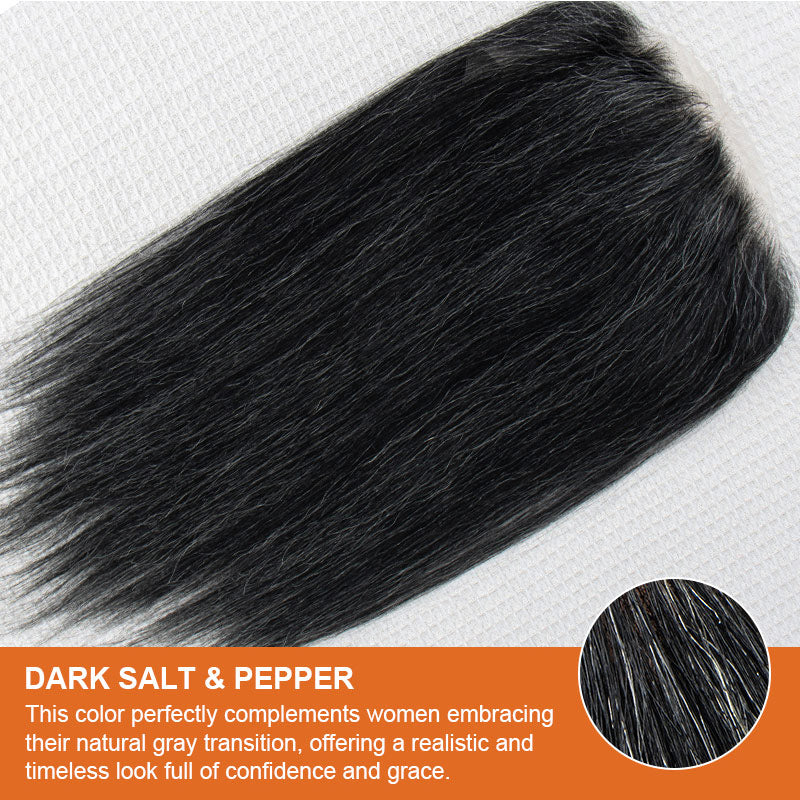 Close-up detail of Soul Lady dark salt and pepper 13×6 large area human hair topper showing realistic scalp and fine hand-tied workmanship.