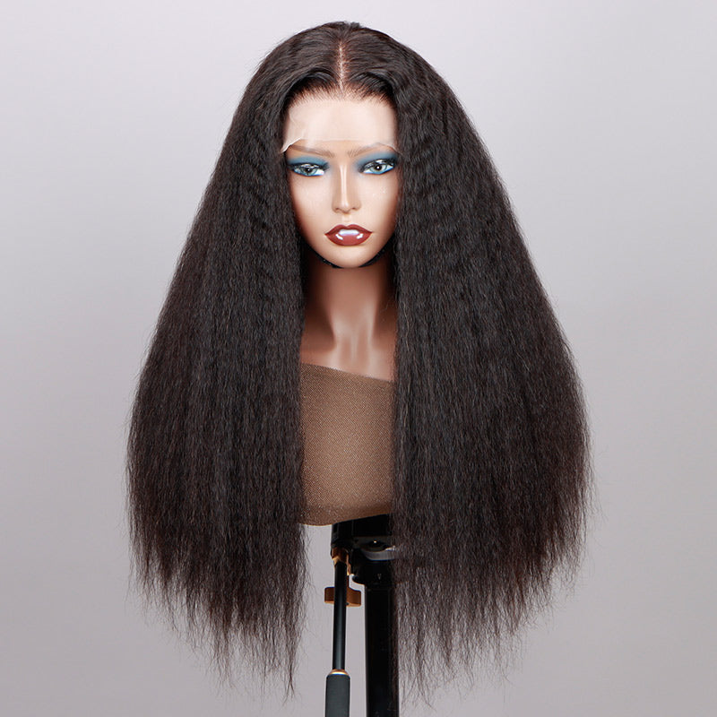 SoulLady 4c Edges Kinky Straight Wig 13x4 HD Lace Full Frontal Wigs with Pre Plucked Hairline 180% Density