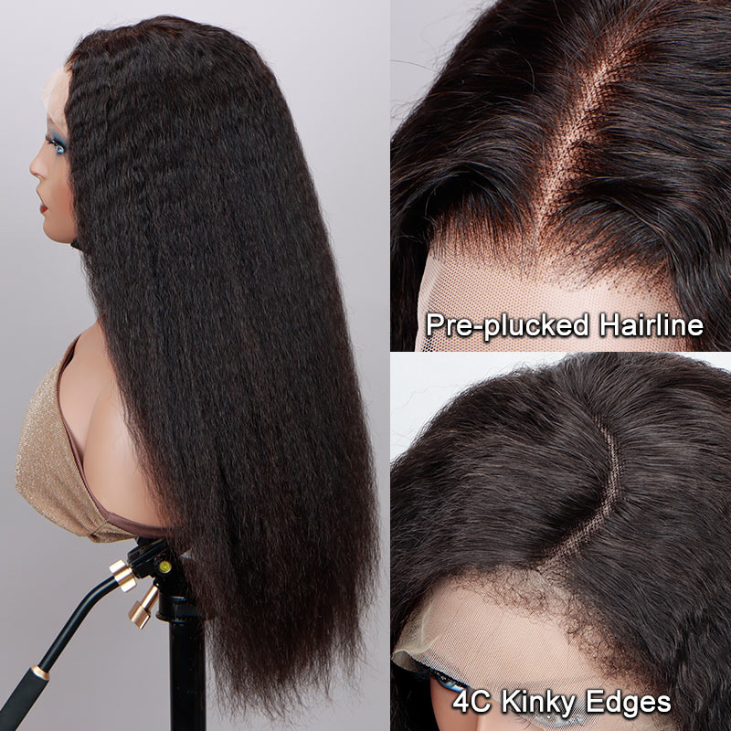 SoulLady 4c Edges Kinky Straight Wig 13x4 HD Lace Full Frontal Wigs with Pre Plucked Hairline 180% Density-hairline