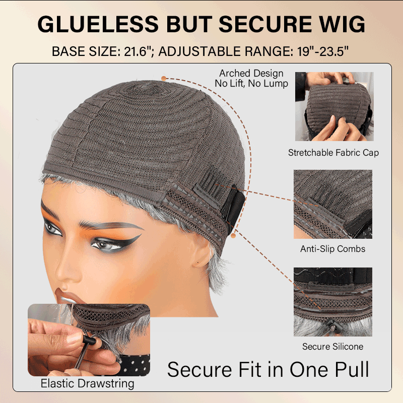 Soul Lady machine-made glueless wig cap construction featuring a full machine-stitched cap, adjustable elastic band at the nape, breathable mesh panels for ventilation, secure combs for added stability, and stretchable elastic material designed for a comfortable, snug, and no-glue fit.
