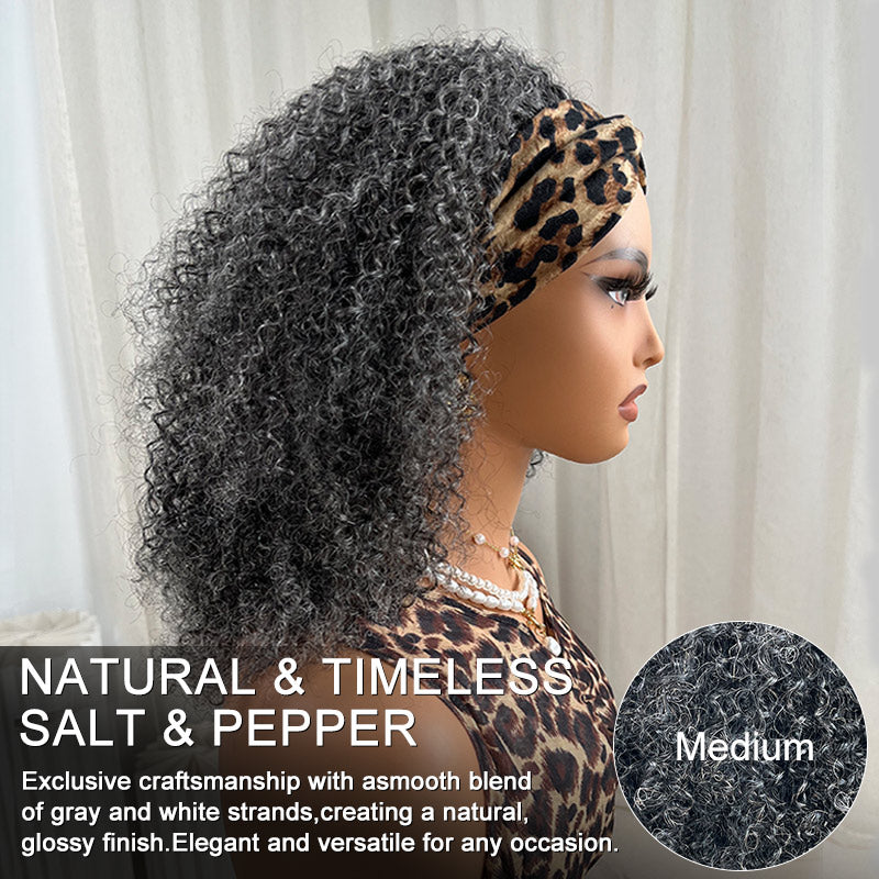 Soul Lady salt and pepper kinky curly human hair headband wig featuring a natural blend of gray and black tones, full kinky curl texture, and soft, realistic volume designed for everyday wear.