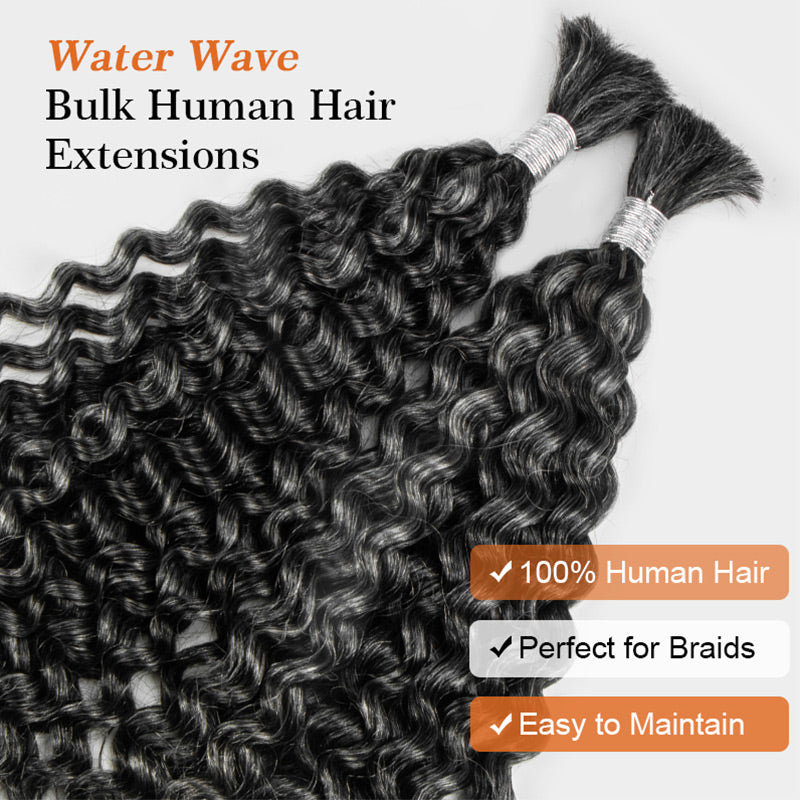 Soul Lady Wigs | Close-up of silky, tangle-free medium salt and pepper water wave bulk hair with healthy ends from Soul Lady Wigs