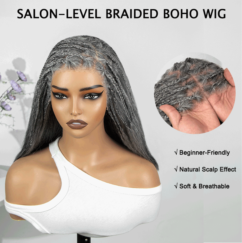 Soul Lady Wigs front view of  salt and pepper 13x4 boho braided straight wig, showing hand-braided details, natural gray blend, and realistic lace front hairline.