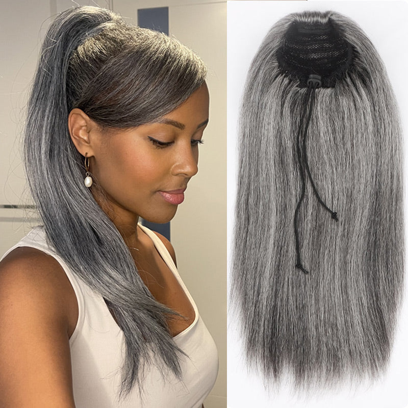 Soul Lady salt and pepper straight drawstring ponytail showsthe natural gray and black blend of the sleek, straight hair. The ponytail looks smooth, full, and realistic.