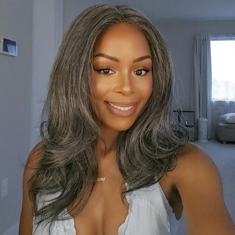 Soul lady wigs Glueless Medical Wig For Hair Loss Silk Top Full Lace Straight Human Hair Wigs Medium Salt & Pepper Gray Color-model marshanadahlia