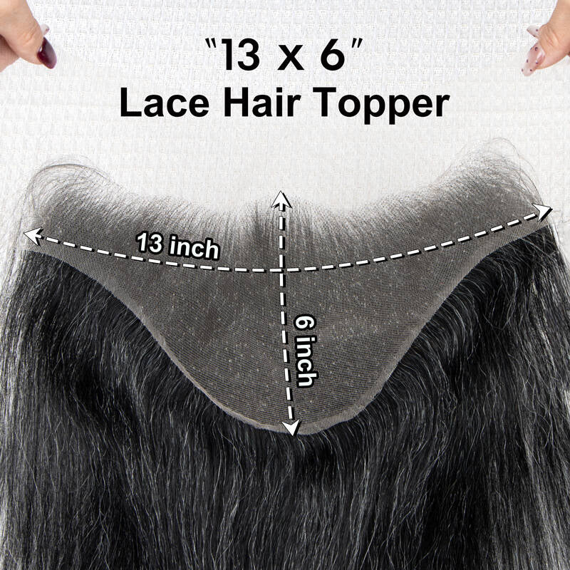 Close-up of the 13×6 large-area topper base structure in dark salt and pepper shade, showing lightweight and comfortable construction.