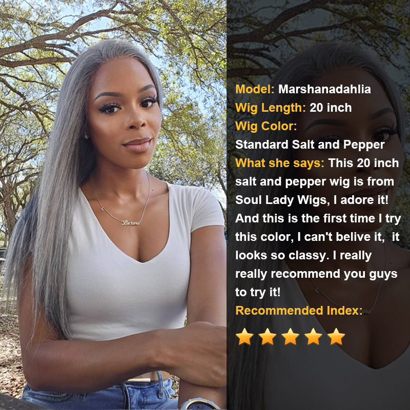 Soul lady Wigs Salt and Pepper 20 inch Straight Wig 13x4.5 HD Lace Wig for Elegent Senior Women