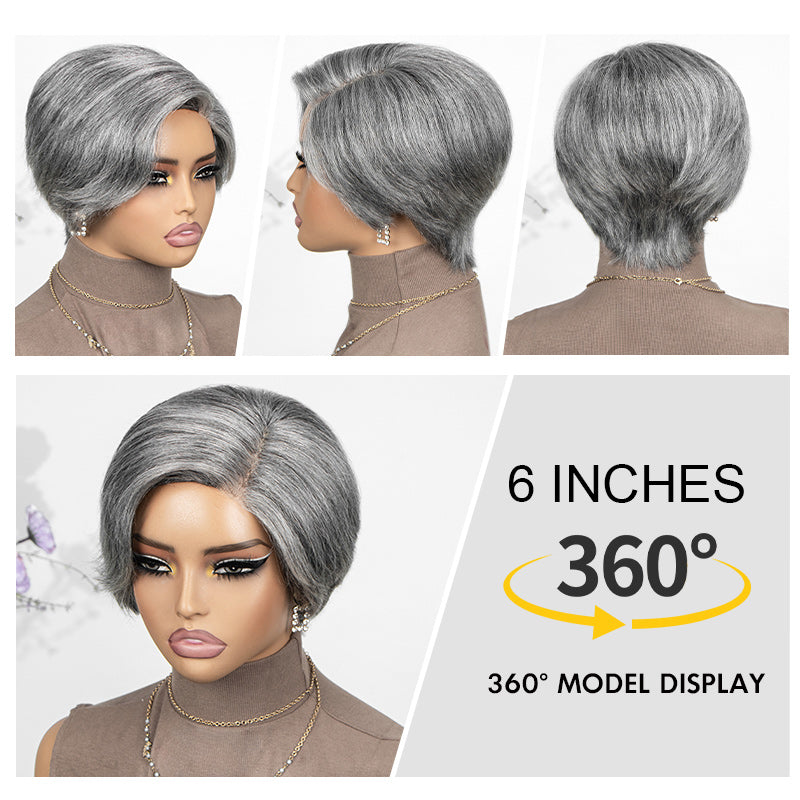 Soul Lady 360-degree view of Standard Salt and Pepper Straight Layered Pixie Glueless Minimalist Lace Wig showing natural gray blend, layered cut, and realistic lace design.