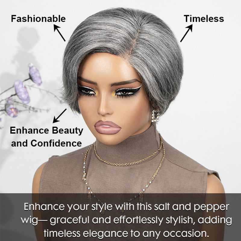 Soul Lady front view of Standard Salt and Pepper Straight Layered Pixie Glueless Minimalist Lace Wig showing natural gray blend and sleek layered style.