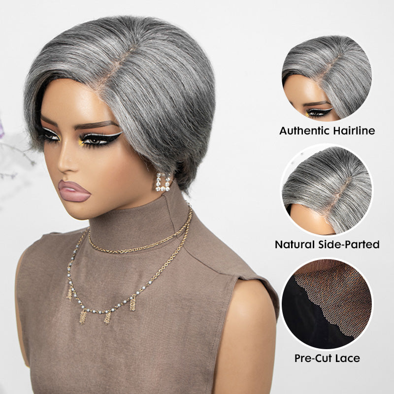 Soul Lady side view of salt and pepper straight layered pixie wig with glueless minimalist lace design, showing natural gray and white hair blend.