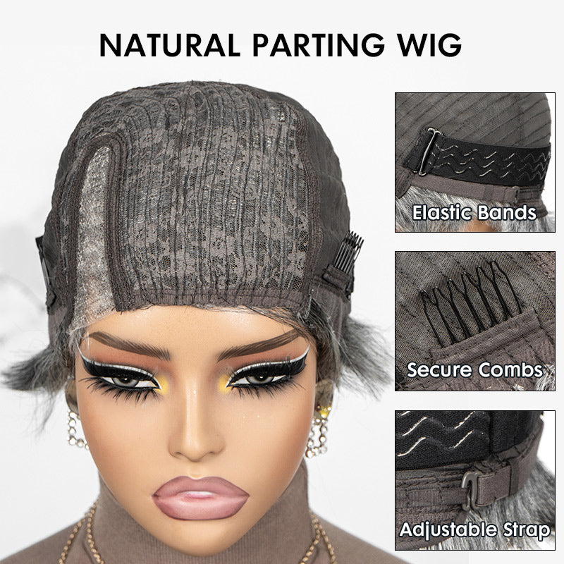 Internal cap design of salt and pepper straight pixie glueless lace wig with breathable net, elastic bands, and secure combs for comfortable fit.