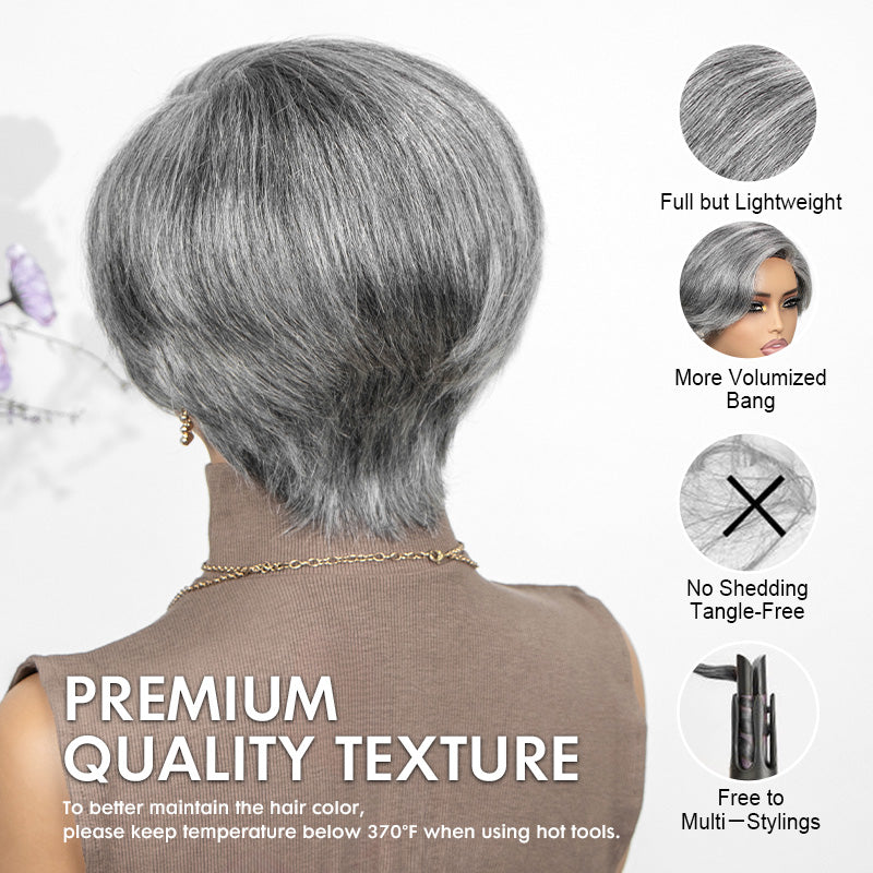 Soul Lady Back view of Standard Salt and Pepper Straight Layered Pixie Glueless Minimalist Lace Wig showing smooth layers and natural gray blend.