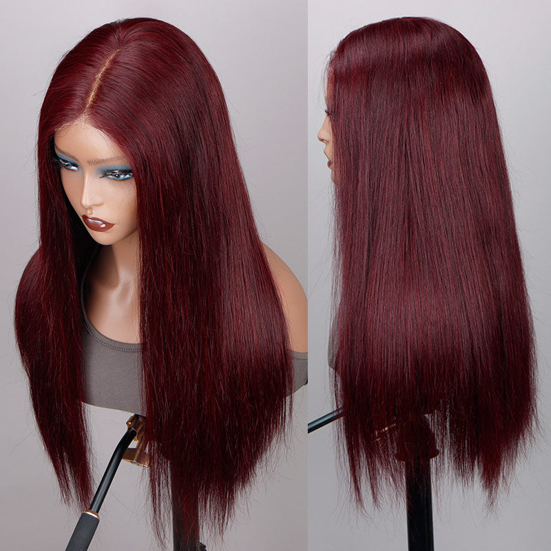 Soul Lady 99j Dark Burgundy Straight Wig Real Human Hair 5x5 HD Lace Closure Wigs Mid Part Long Wig-side show