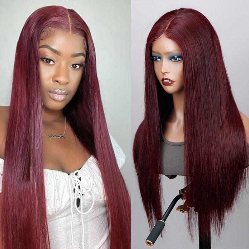 Soul Lady 99j Dark Burgundy Straight Wig Real Human Hair 5x5 HD Lace Closure Wigs Mid Part Long Wig-side front show