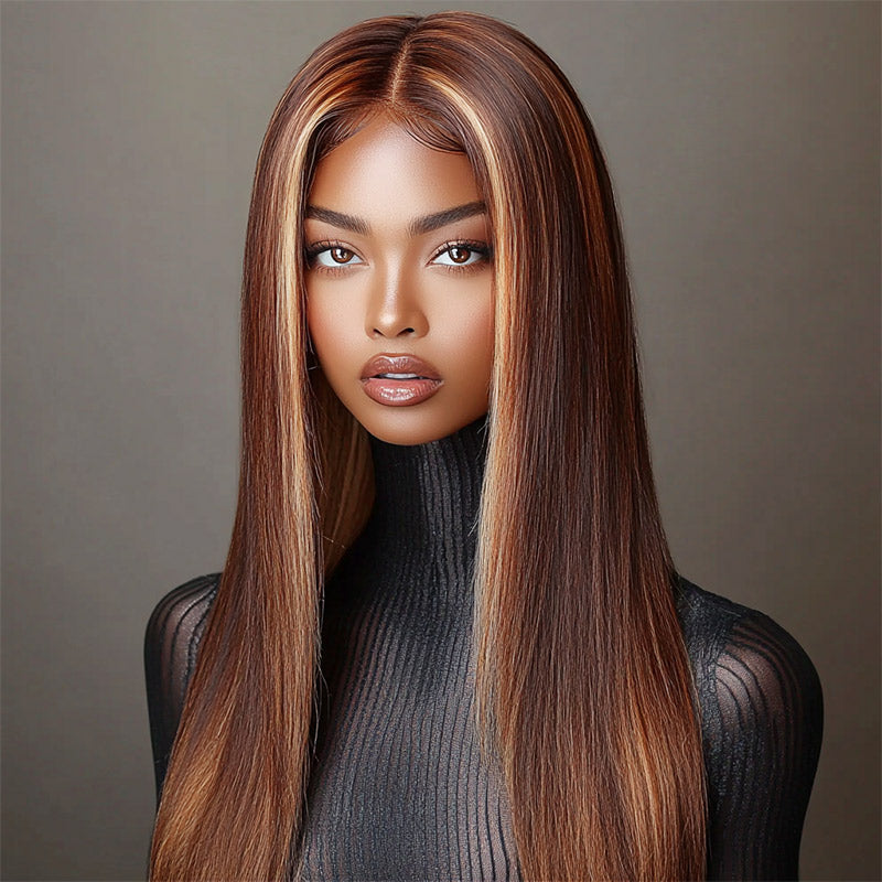 Golden Auburn Balayage Highlights On Brown Straight Wig Glueless 6x4 Pre Cut Lace Wig 100% Human Hair - model