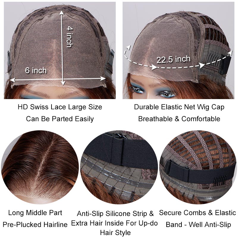 Soul Lady Caramel Brown Balayage Highlight Bob Wig Silky Straight Human Hair 6x4 Pre Cut Lace Glueless Wig-cap details