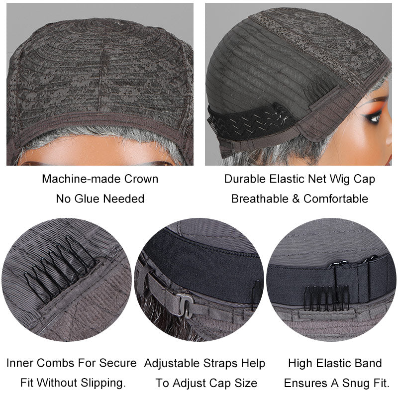 Soul Lady Beginner Friendly Salt and Pepper Human Hair Wear To Go Wig- glueless wig cap details