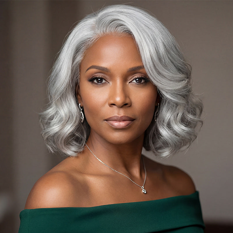 Soul lady Seniors pale Gray Wig Real Human Hair light Salt And Pepper Natural Wavy 5x5 HD Lace Wigs For Older Women-new model- side part hairstyle