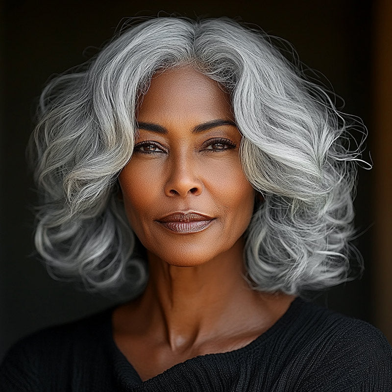 Seniors Silver Gray Wig Real Human Hair Salt And Pepper Natural Wavy 5x5 HD Lace Wigs For Older Women-new model