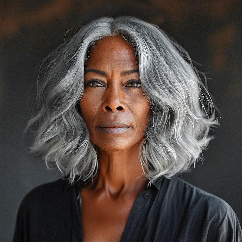 Seniors Silver Gray Wig Real Human Hair Salt And Pepper Natural Wavy 5x5 HD Lace Wigs For Older Women