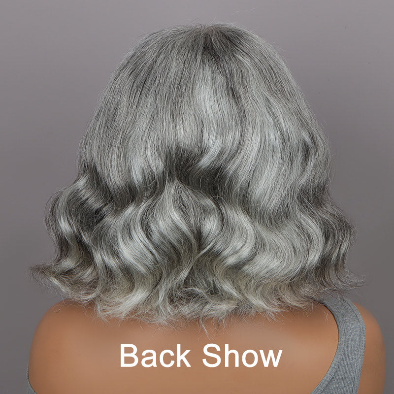 Seniors Silver Gray Wig Real Human Hair Salt And Pepper Natural Wavy 5x5 HD Lace Wigs For Older Women-back show