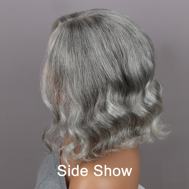 Seniors Silver Gray Wig Real Human Hair Salt And Pepper Natural Wavy 5x5 HD Lace Wigs For Older Women-side-show