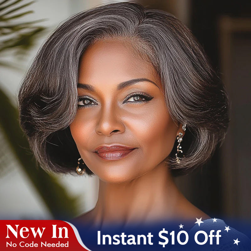 Wear And Go | Chic Brown Layered Wigs With Gray Highlights Natural Wavy Human Hair Glueless Lace Wigs For Women