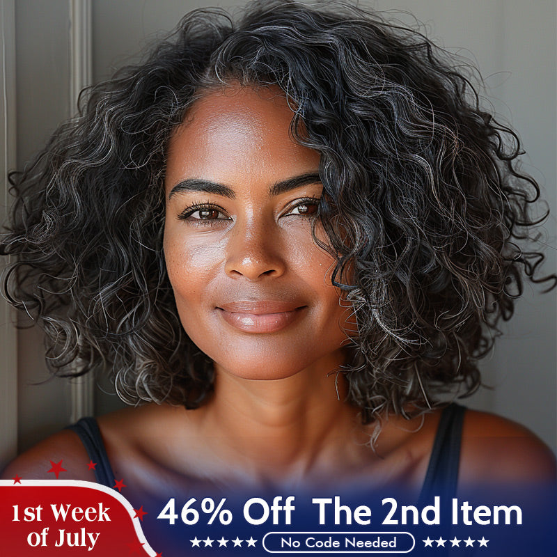 US DOMESTIC SHIPPING | Dark Salt And Pepper Wigs Water Wave Bob 5x5 HD Lace Human Hair Wigs For Mature Women
