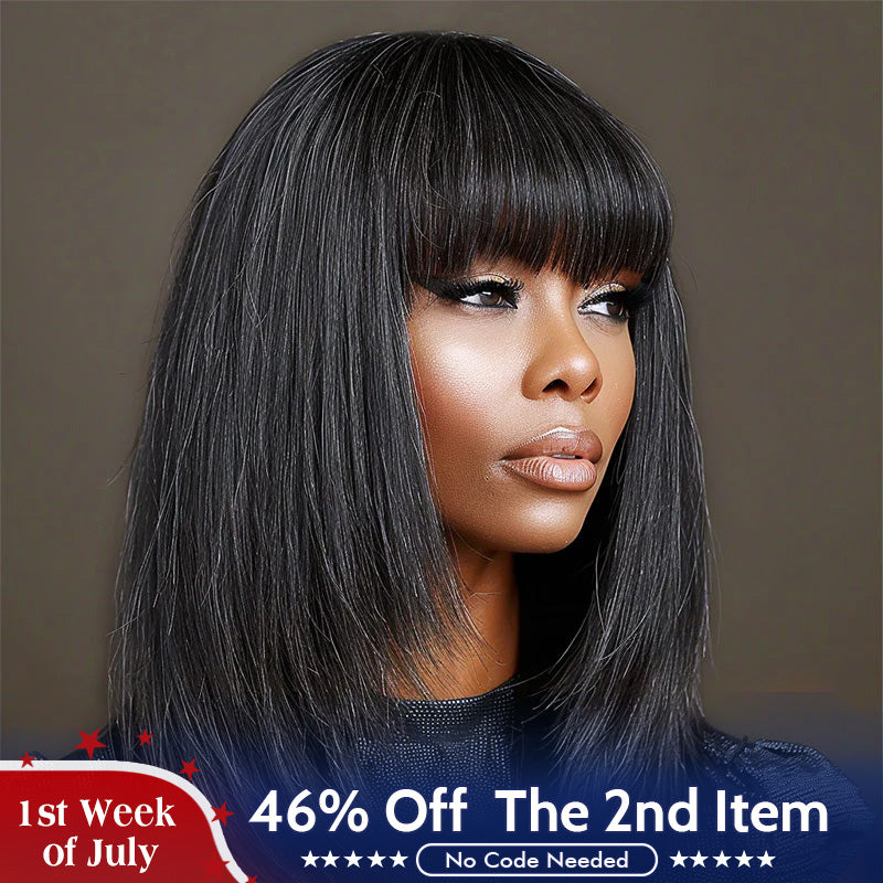 Chic Glueless Layered Wigs With Bangs Dark Salt & Pepper Straight Human Hair Real Wear To Go Wigs For Women