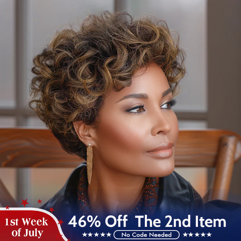 US DOMESTIC SHIPPING | P4/30 Brown Highlighted Pixie Wig Big Curly Human Hair Wear To Go Glueless Wigs For Women