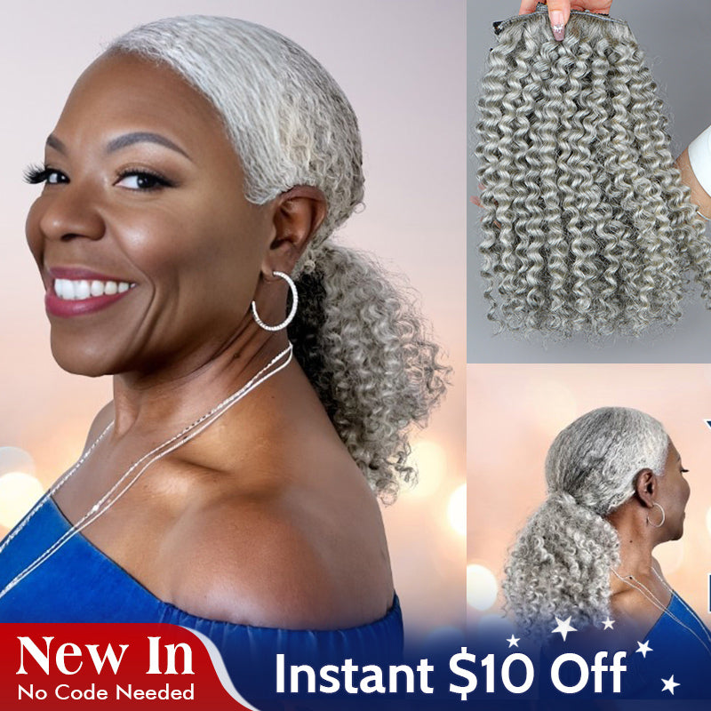 Stunning Silver Gray Jerry Curly Human Hair Clip In Hair Extensions 6 Pieces/Set Light Salt And Pepper Color