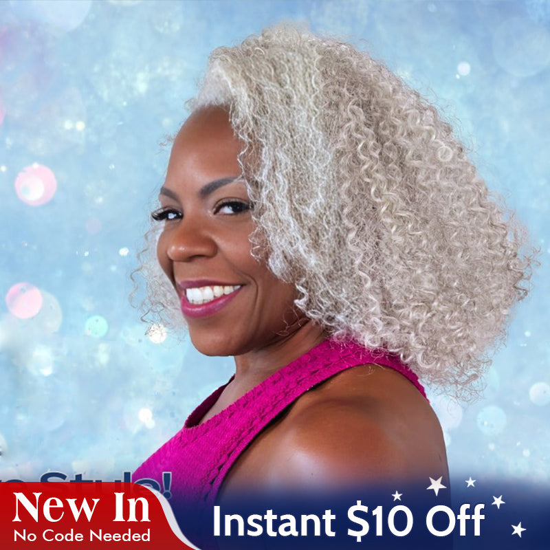 Easy Wear Afro Curly Human Hair Half Wig Light Salt And Pepper Gray Wig With Drawstring & Clips