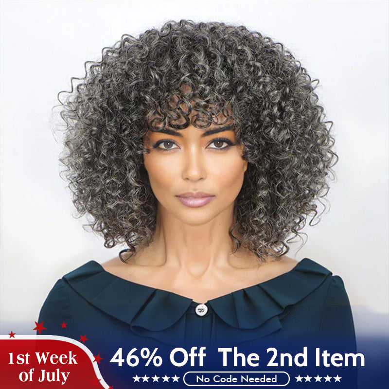 US DOMESTIC SHIPPING | Dark Gray Curly Bob Wig With Bangs Glueless Wear & Go Human Hair Salt And Pepper Wigs