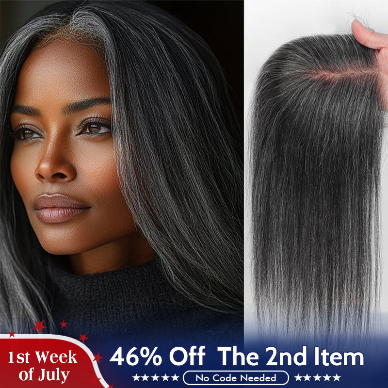 US DOMESTIC SHIPPING | Medium Salt And Pepper Swiss Lace Toppers Straight Human Hair Crown Picese For Thinning Hair