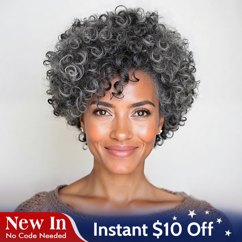 Ready to Wear | Medium Salt & Pepper Curly Pixie Wig – Real Human Hair Glueless Wig