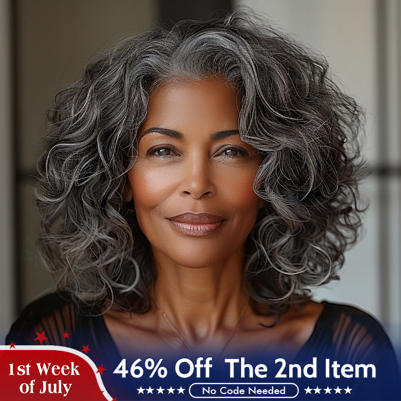 US DOMESTIC SHIPPING |Attractive Seniors Salt And Pepper Human Hair Loose Wave Bob 5x5 HD Lace Wigs For Mom