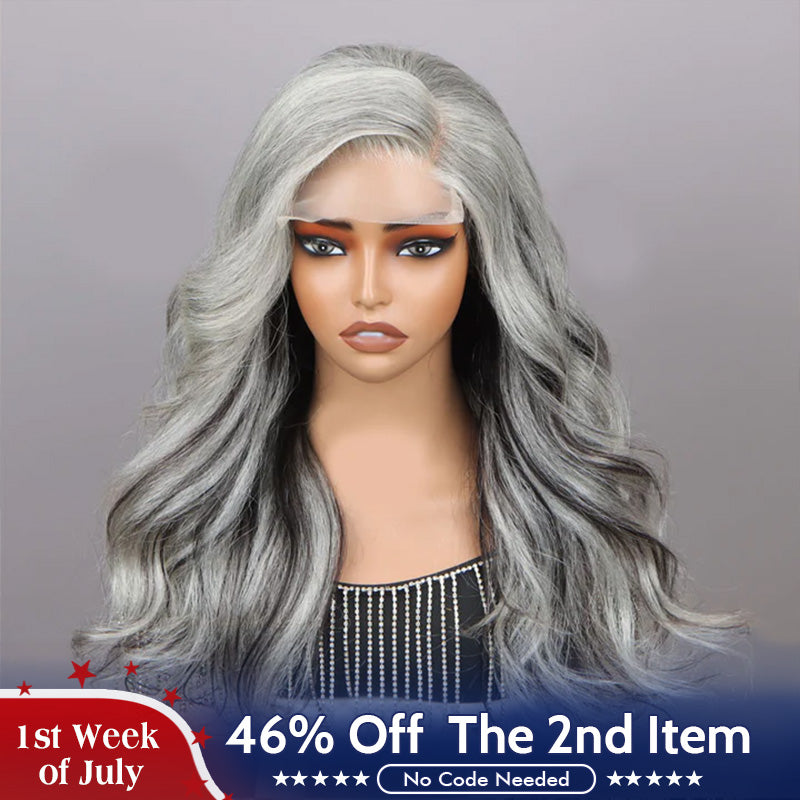 US DOMESTIC SHIPPING |Attractive Silver/Black Highlights Salt And Pepper Wig Real Human Hair Body Wave 5x5 HD Lace Wigs