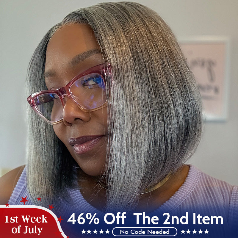 US DOMESTIC SHIPPING | Chic Silver Gray Straight Bob Salt and Pepper Real Human Hair Glueless Lace Wigs For Seniors