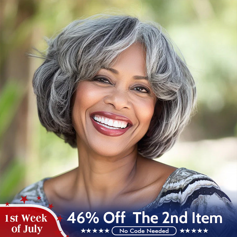 US DOMESTIC SHIPPING | Short Wavy Bob Salt & Pepper Color Glueless Human Hair Wigs For Senior Ladies
